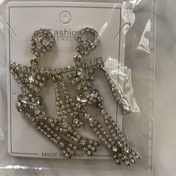 Skull Skeleton Alloy Inlaid Rhinestone 3” Earrings - Picture 3 of 4